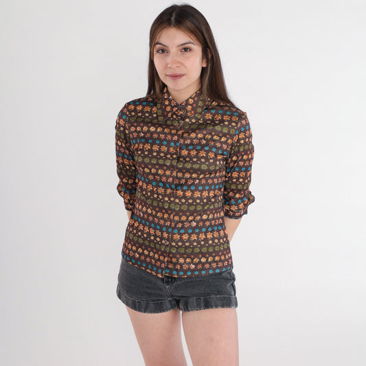 Y2K Brown Floral Button-Up Blouse Dagger Collar Long Sleeve Extra Small