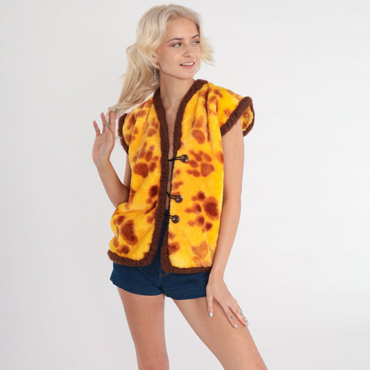 80s Yellow Fleece Vest Paw Print Button-Up Medium