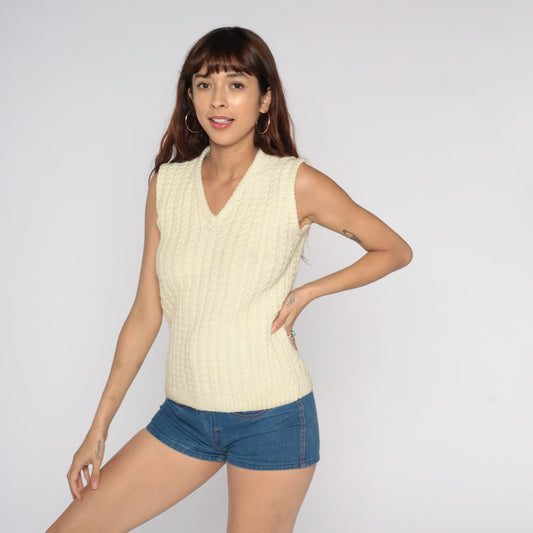 80s Cream Cable Knit Sweater Vest V-Neck Pullover Small S