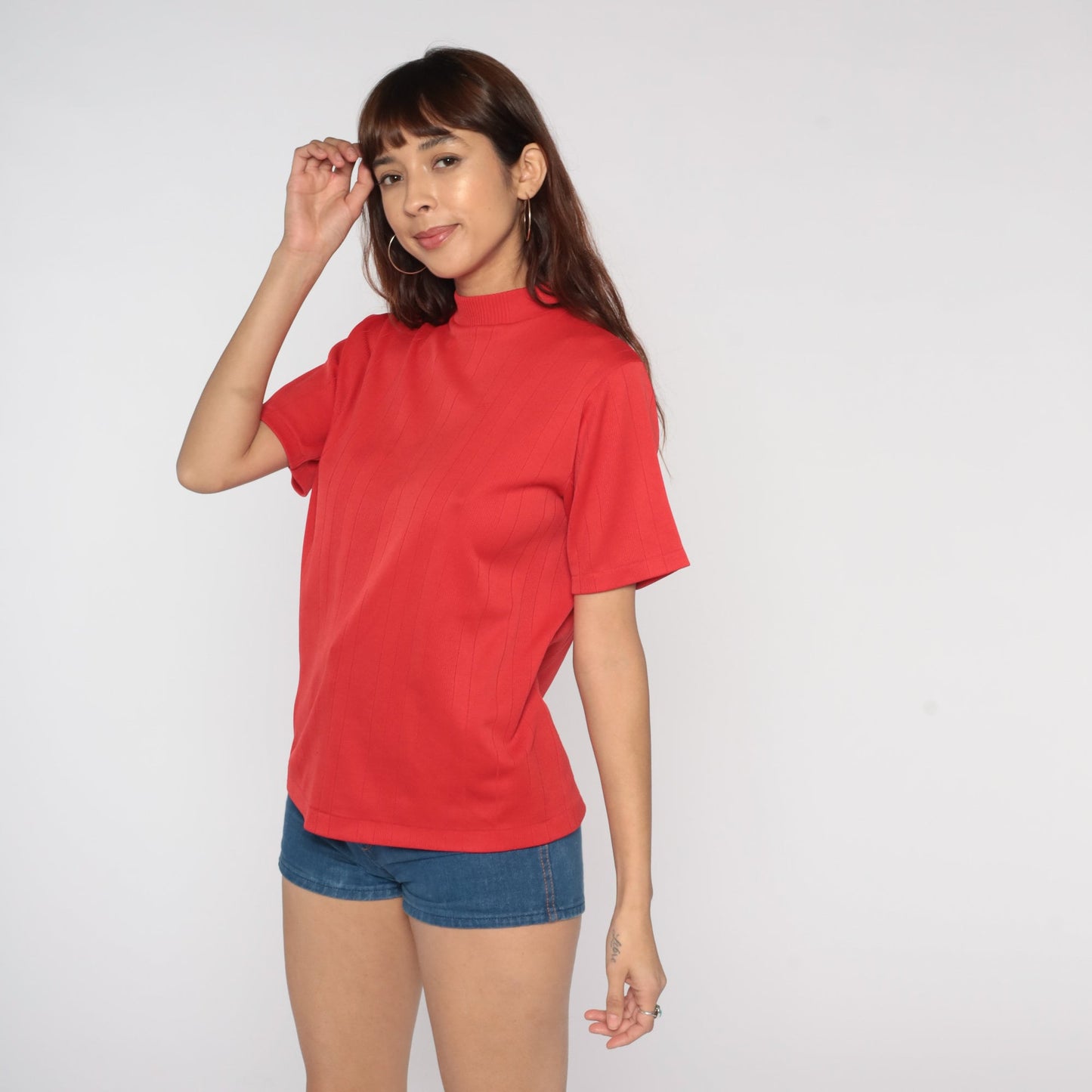 70s Red Mock Neck Ribbed Shirt Short Sleeve Vintage Blouse Medium Large