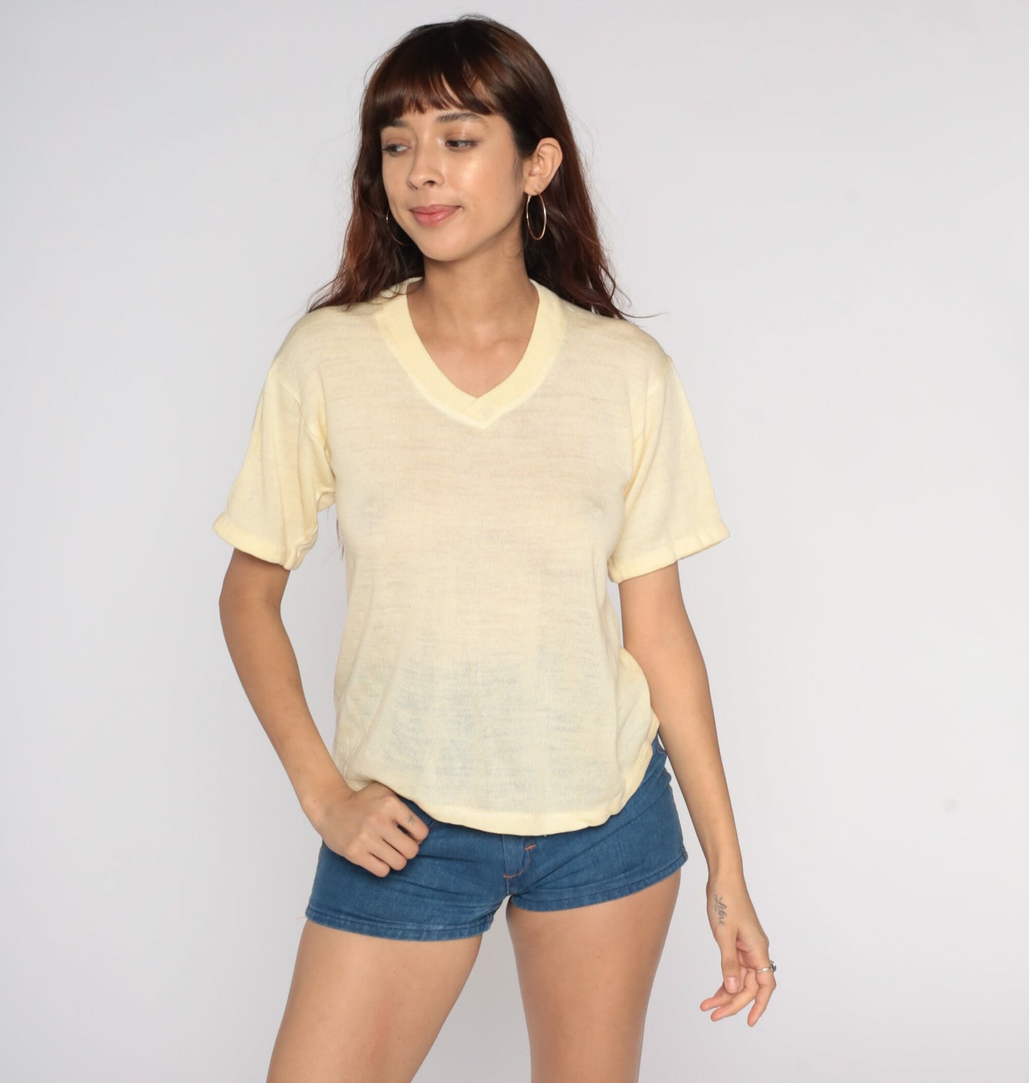70s Yellow Knit V-Neck Short Sleeve Top Small S