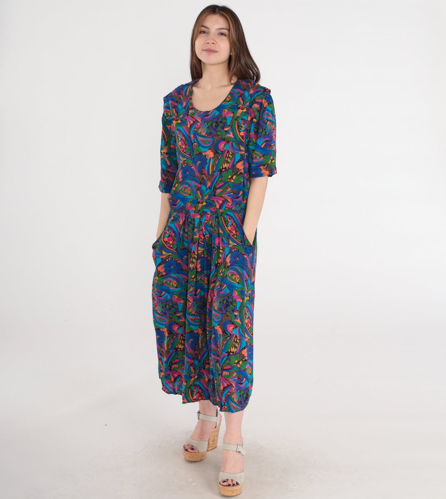 80s Paisley Floral Rayon Dress Drop Waist Pleated Midi Blue Pink Large L