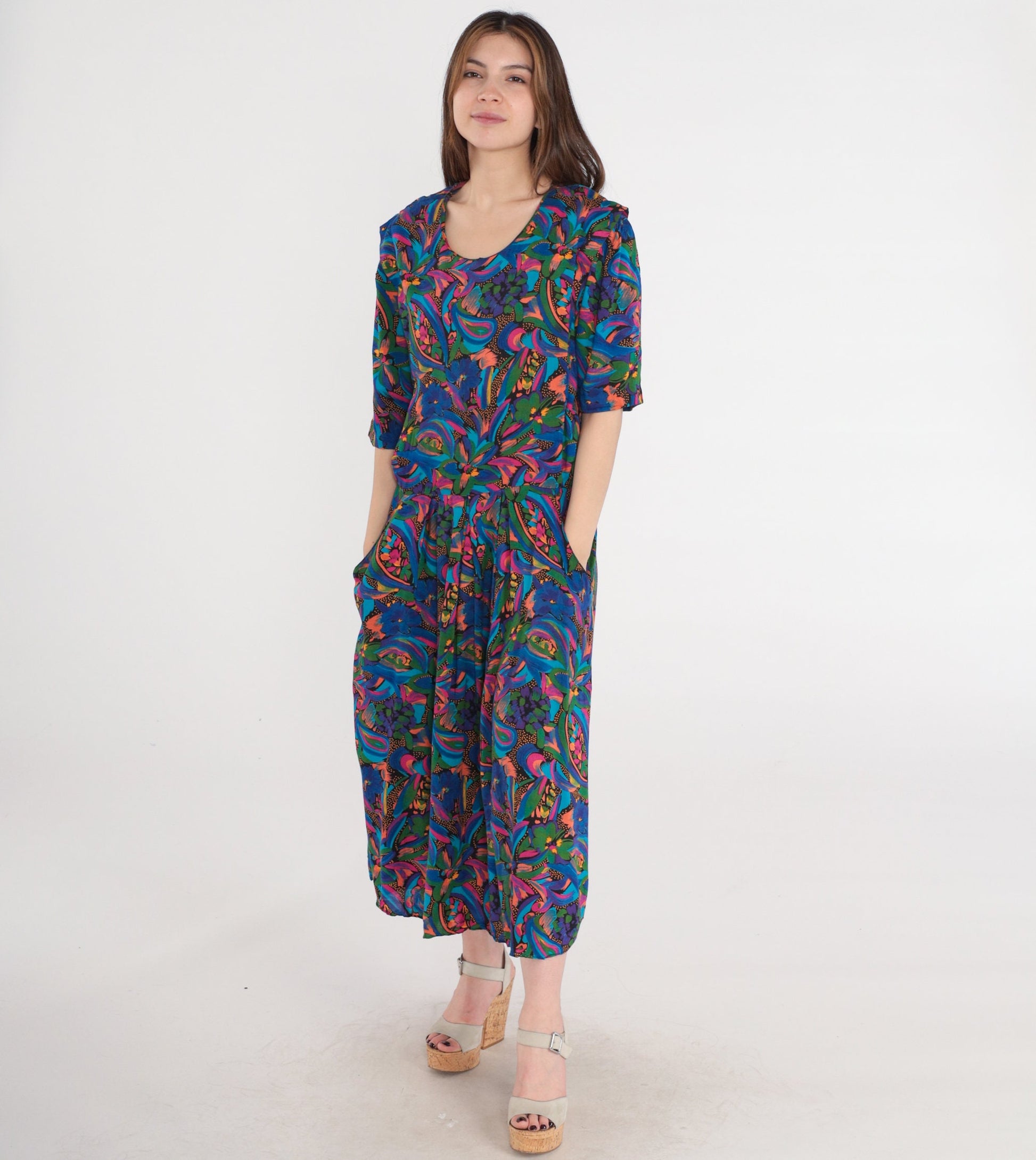 80s Paisley Floral Rayon Dress Drop Waist Pleated Midi Blue Pink Large L