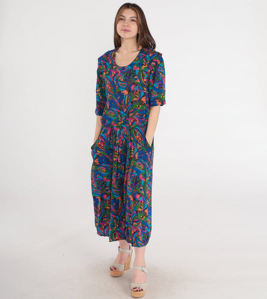 80s Paisley Floral Rayon Dress Drop Waist Pleated Midi Blue Pink Large L