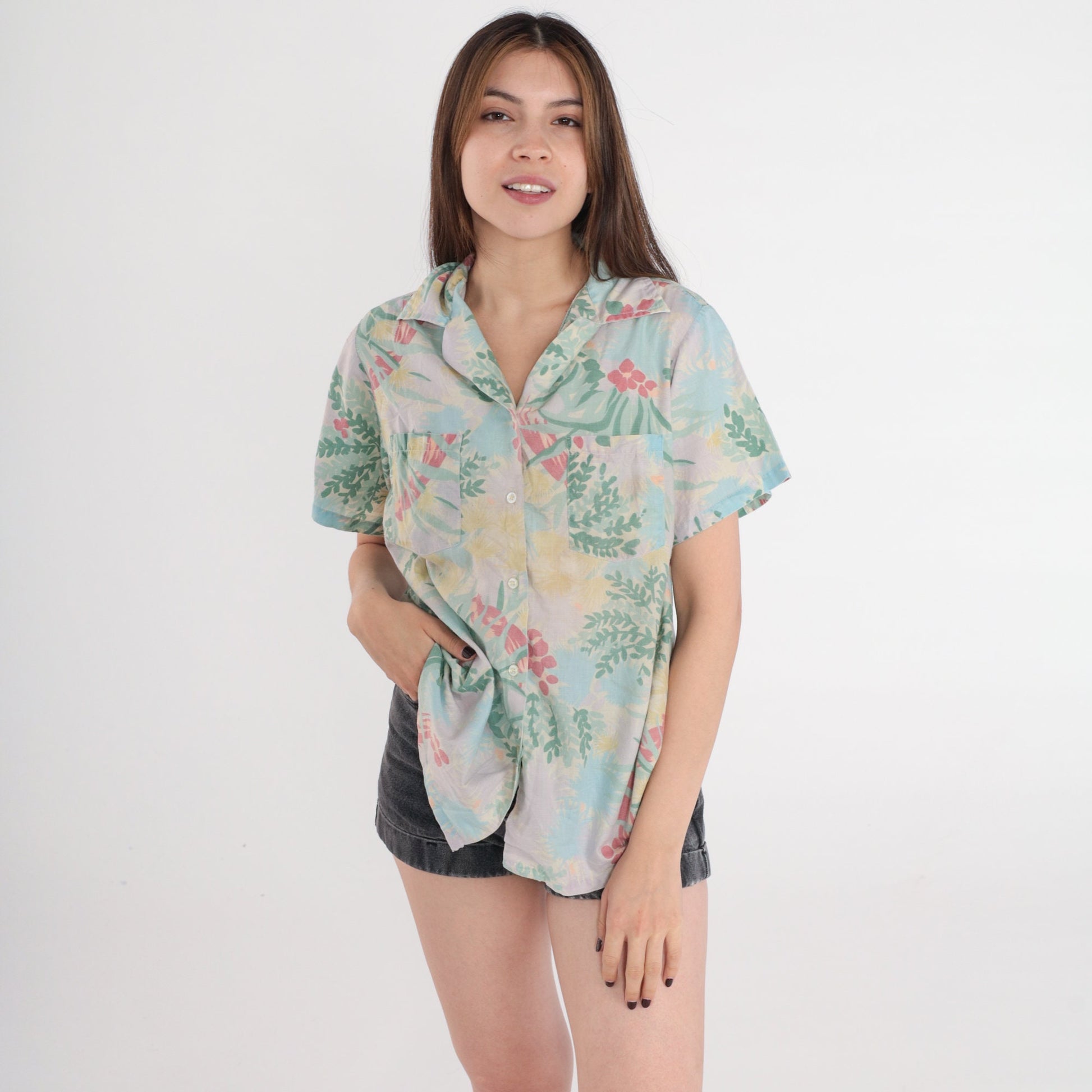 80s Floral Bird Print Button-Up Blouse Short Sleeve Green Blue Grey Medium