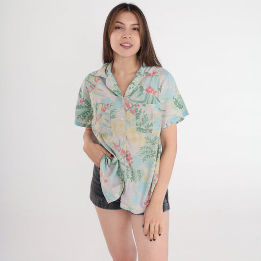 80s Floral Bird Print Button-Up Blouse Short Sleeve Green Blue Grey Medium