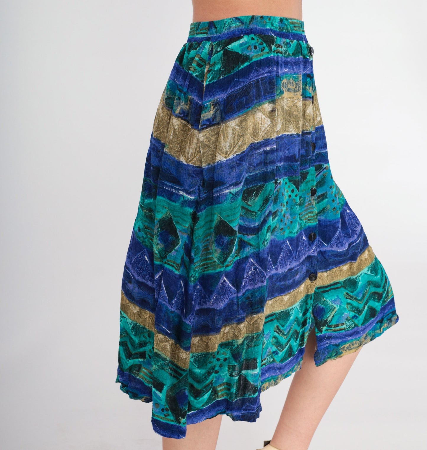 90s Abstract Striped Midi Skirt Button Front Blue High Waist Extra Large XXL
