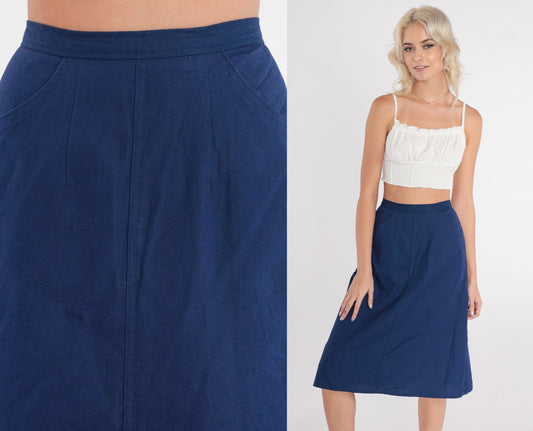 80s Navy Midi Skirt High-Waisted A-Line Extra Small XS