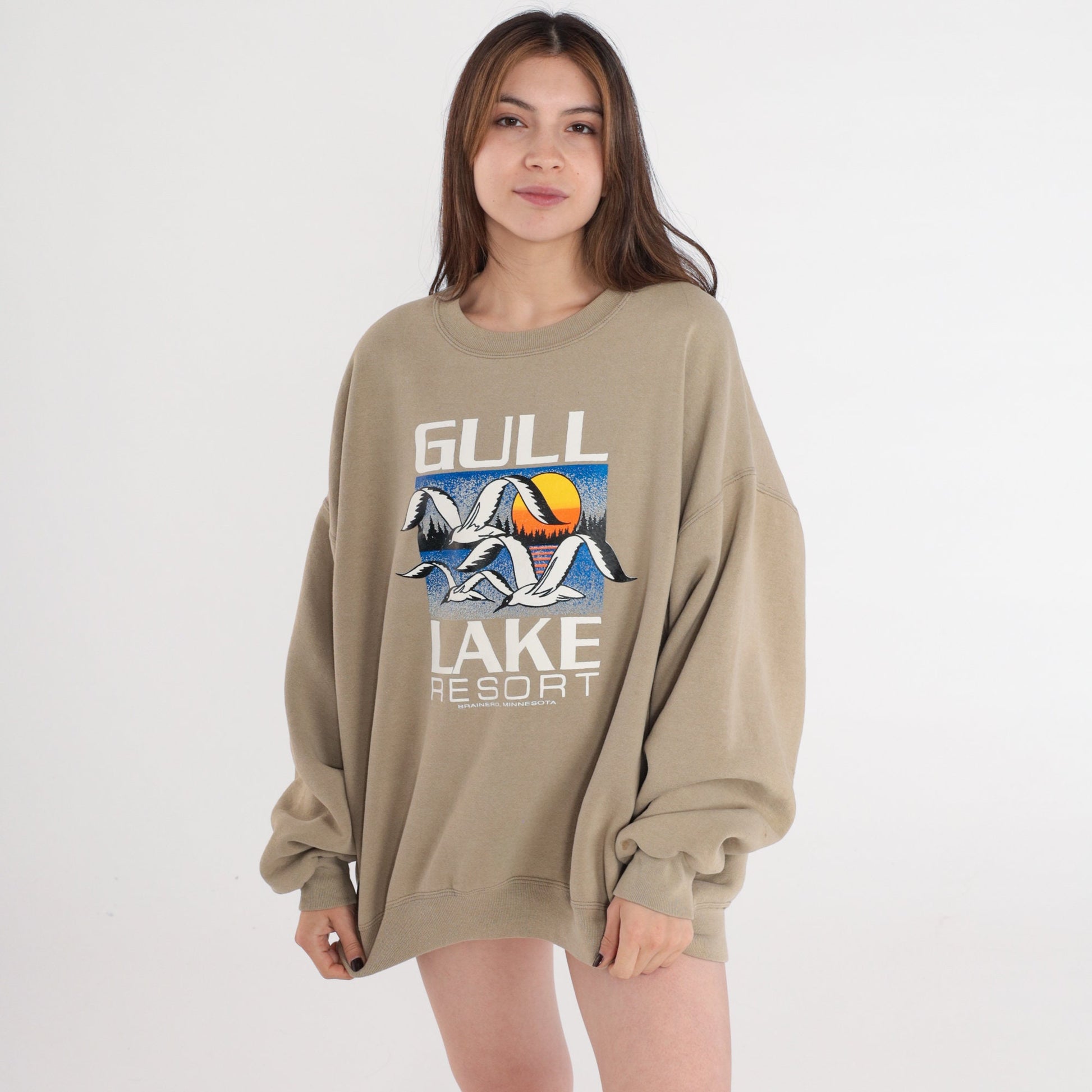 80s Gull Lake Resort Brainerd Minnesota Sweatshirt Seagull Sunset Taupe Extra Extra Large XXL