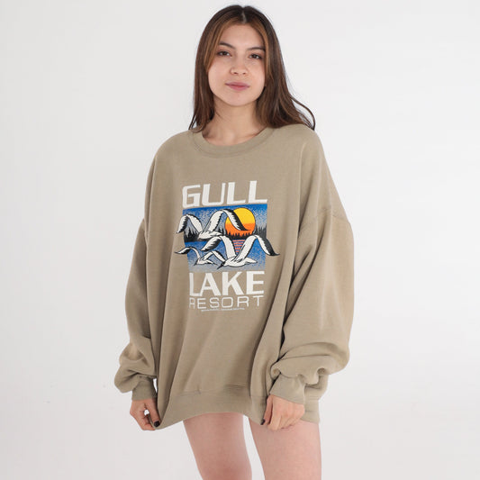 80s Gull Lake Resort Brainerd Minnesota Sweatshirt Seagull Sunset Taupe Extra Extra Large XXL