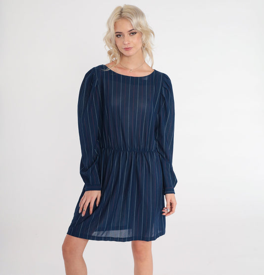 70s Navy Pinstriped Mini Dress Puff Sleeve High Waist Keyhole Back Small Medium