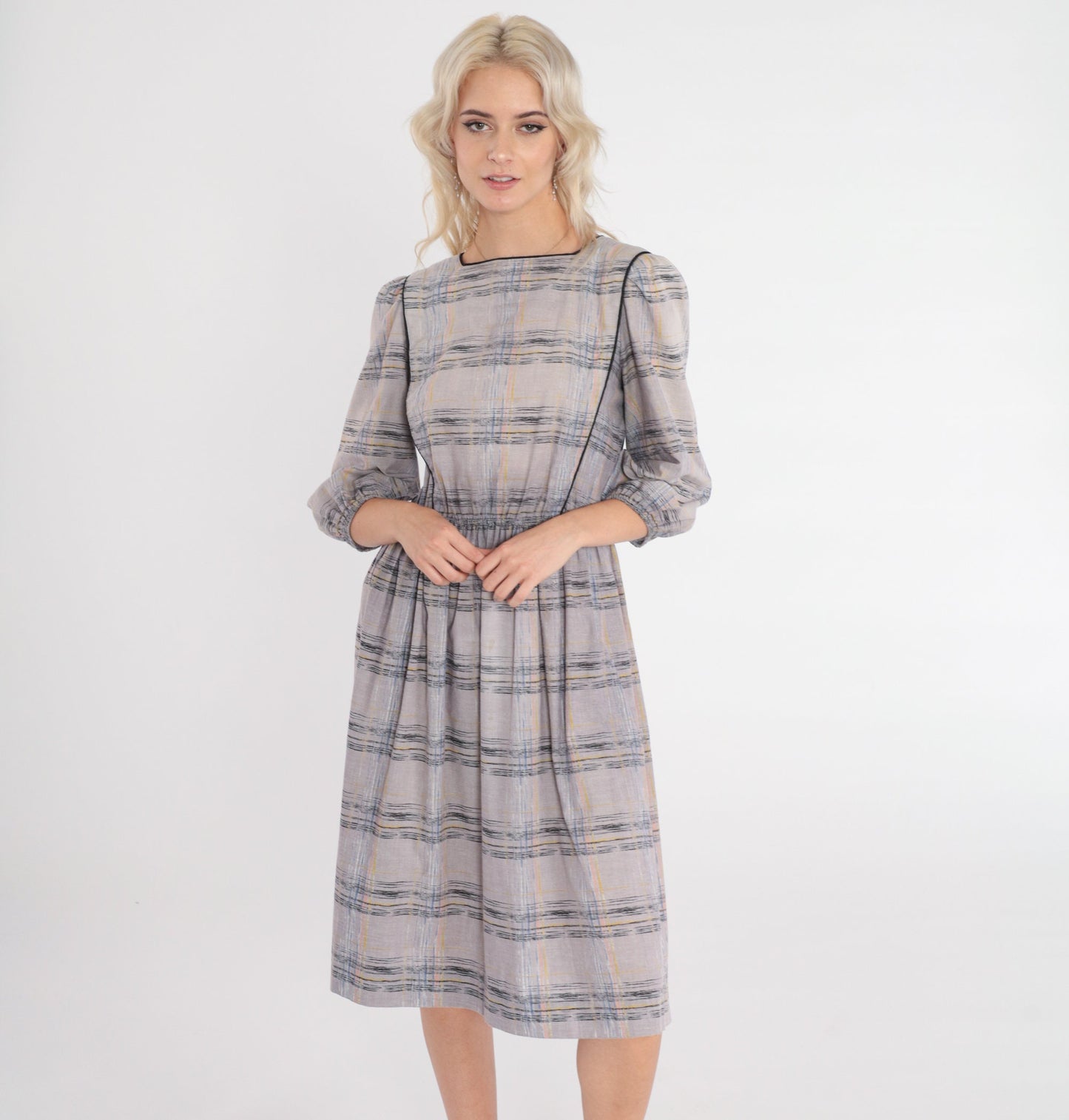 80s Leslie Faye Midi Dress Grey Checkered Puff Sleeve High Waisted Small