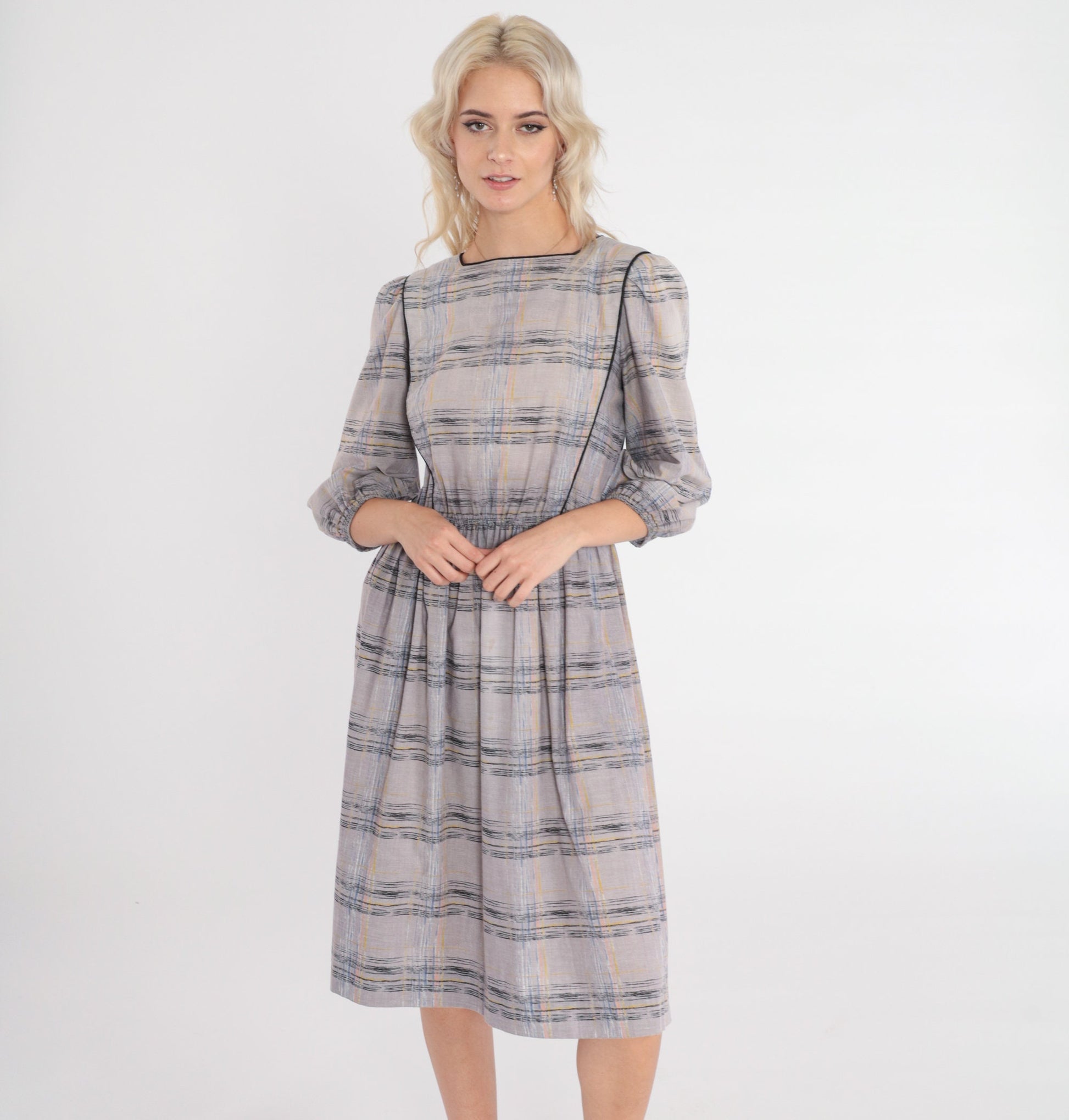 80s Leslie Faye Midi Dress Grey Checkered Puff Sleeve High Waisted Small