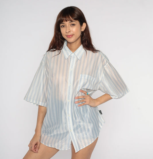 70s Dragonfly Sheer Button Up Shirt White Blue Striped Disco Men's Extra Large