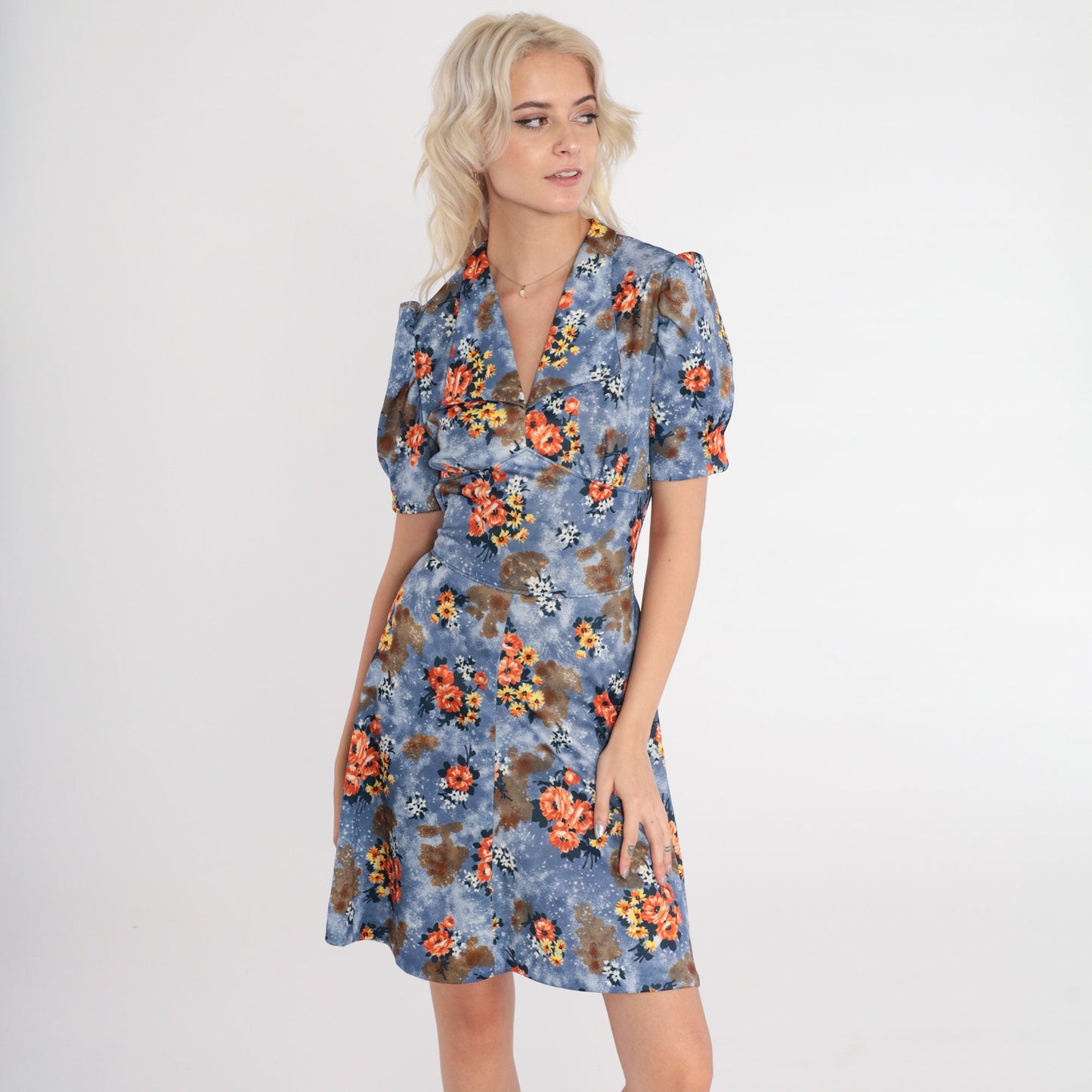 70s Blue Floral Babydoll Mini Dress Puff Sleeve Empire Waist Small S