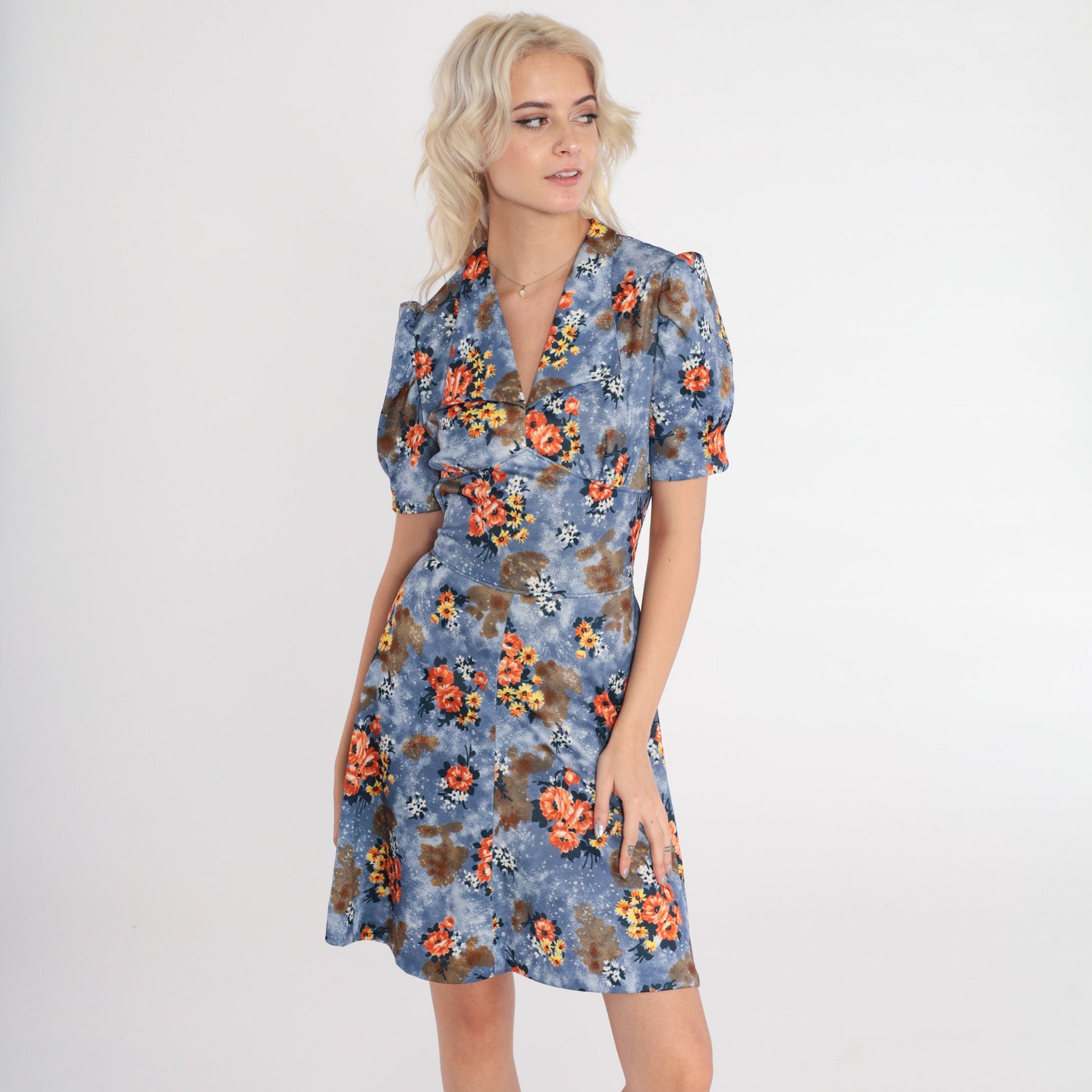 70s Blue Floral Babydoll Mini Dress Puff Sleeve Empire Waist Small S