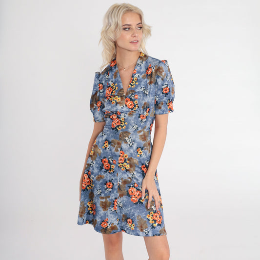 70s Blue Floral Babydoll Mini Dress Puff Sleeve Empire Waist Small S