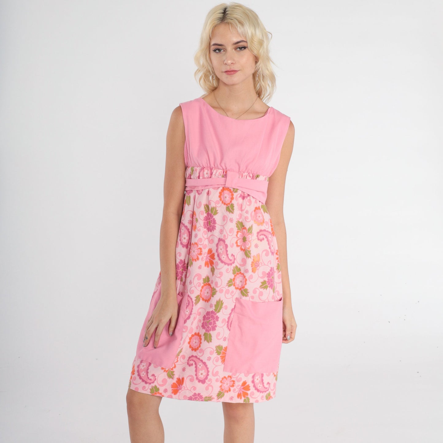 70s Pink Floral Empire Waist Mini Dress Sleeveless Tie Belt Pockets XS