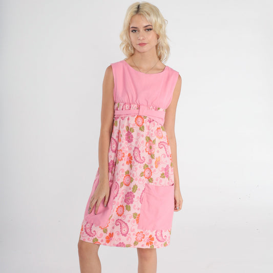 70s Pink Floral Empire Waist Mini Dress Sleeveless Tie Belt Pockets XS