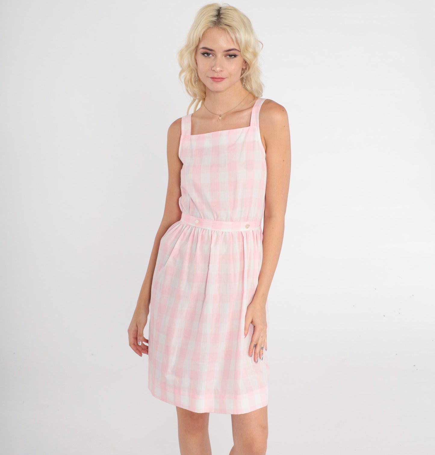 80s Pink Gingham Mini Sundress Sleeveless High Waist Pinafore Extra Small
