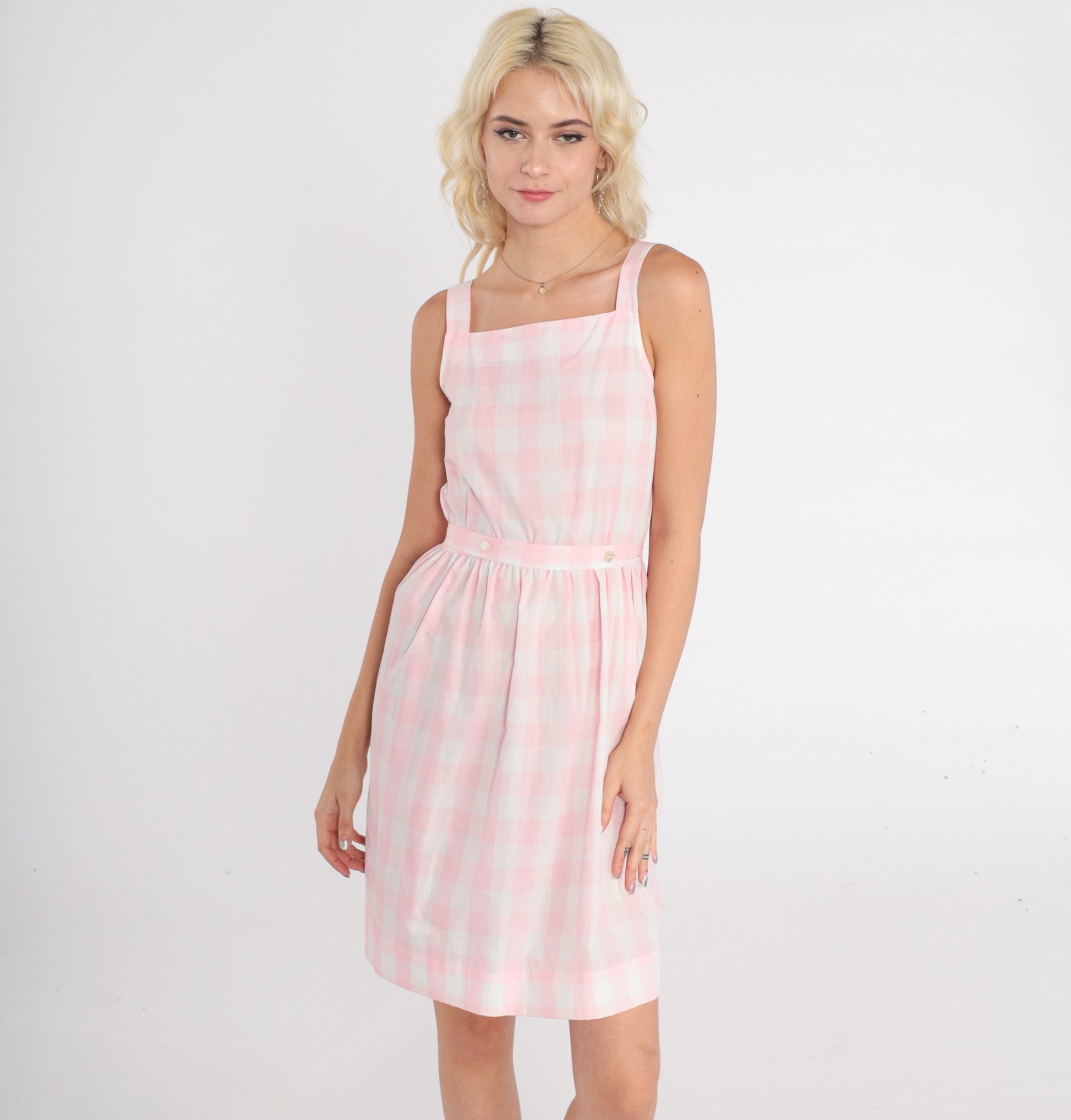 80s Pink Gingham Mini Sundress Sleeveless High Waist Pinafore Extra Small