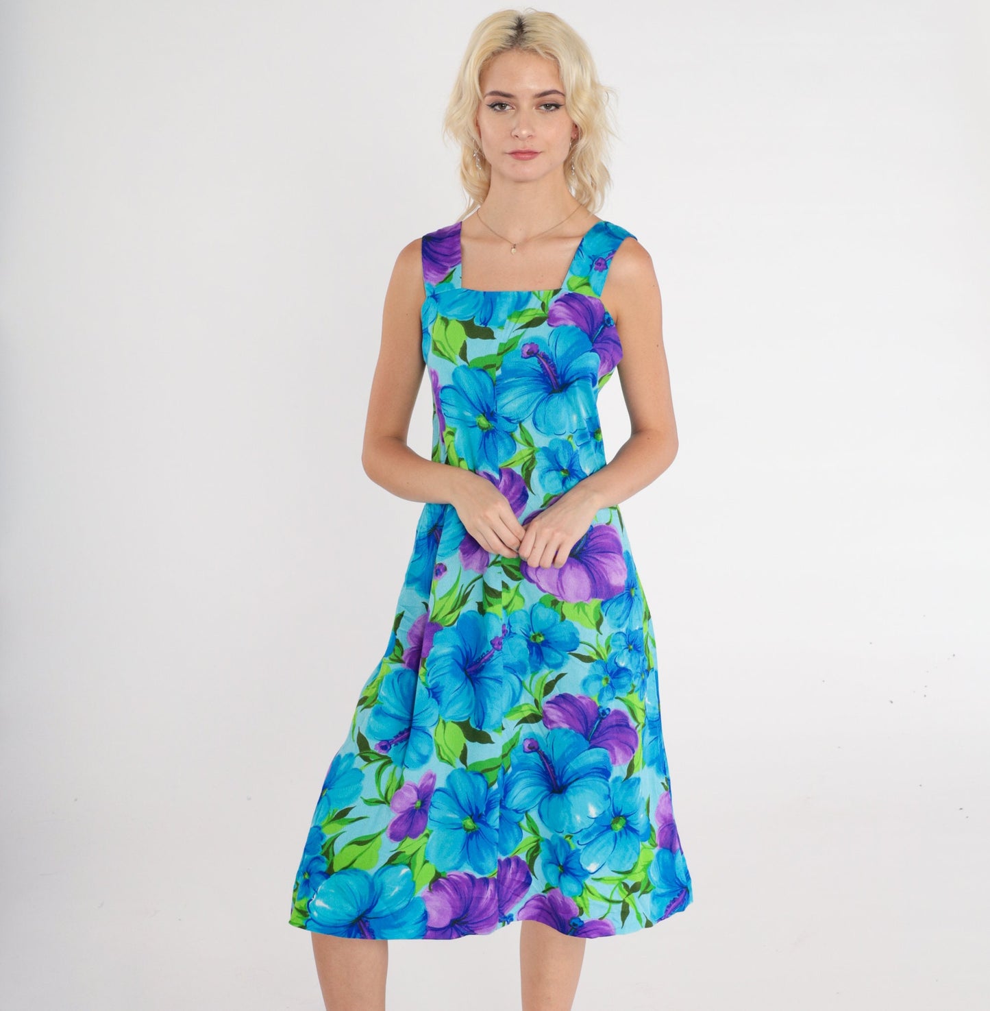 70s Tropical Floral A-Line Sundress Sleeveless Knee-Length Cotton Small