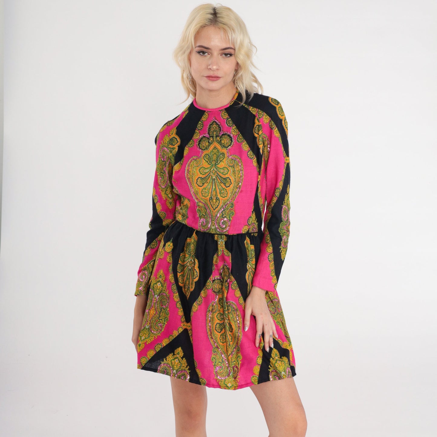 70s Don Sophistics Sequin Mini Dress Indian Floral Paisley Color Block Pink Black Small