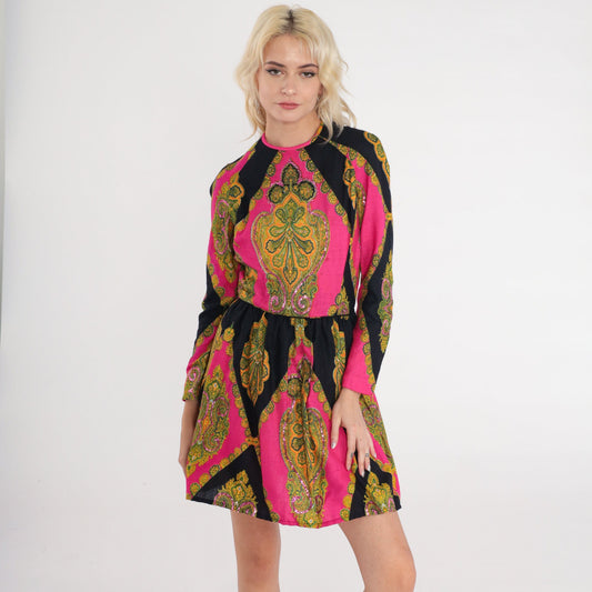 70s Don Sophistics Sequin Mini Dress Indian Floral Paisley Color Block Pink Black Small