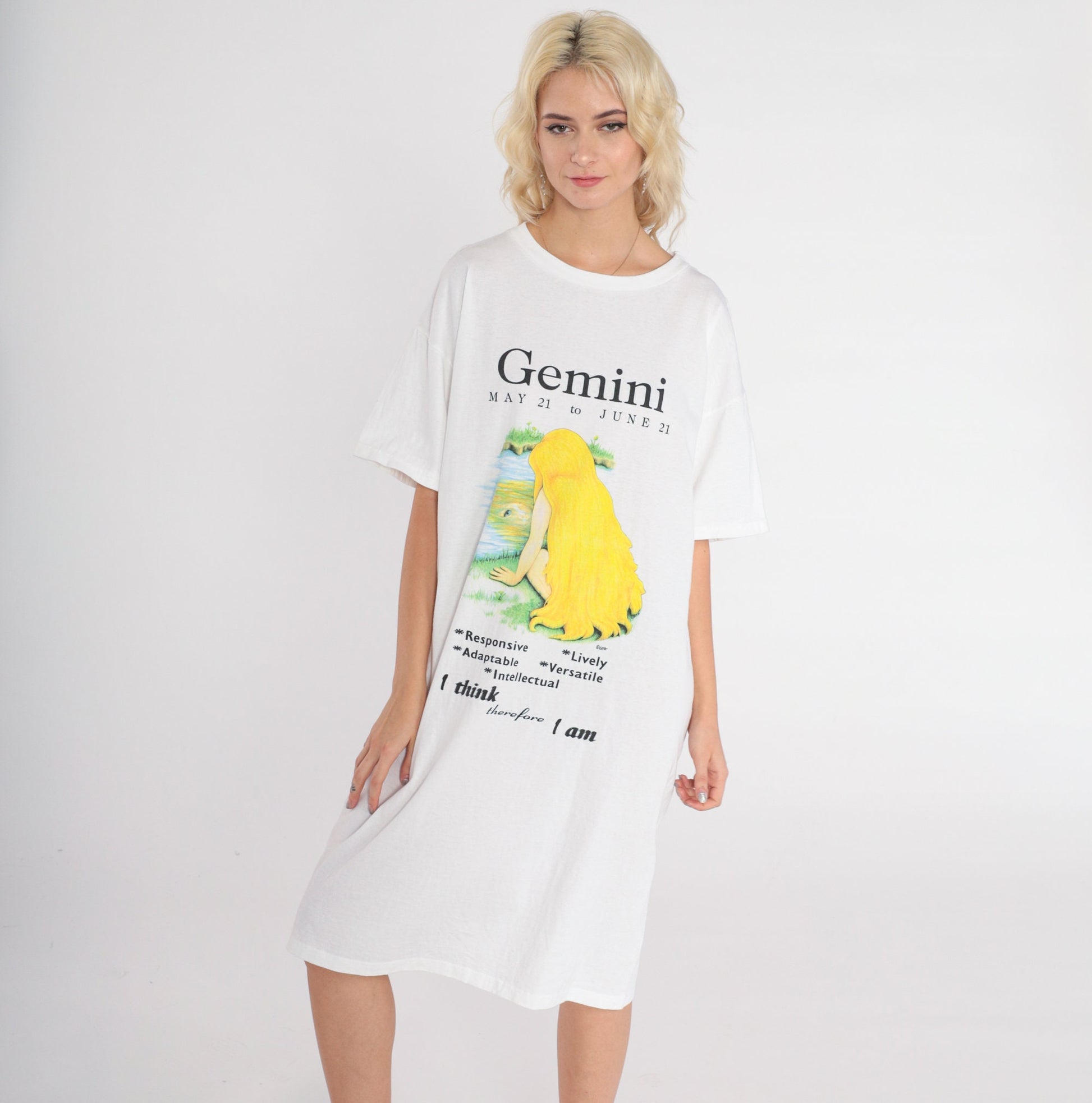 90s Gemini Zodiac Graphic T-Shirt Dress White Cotton Mini Small