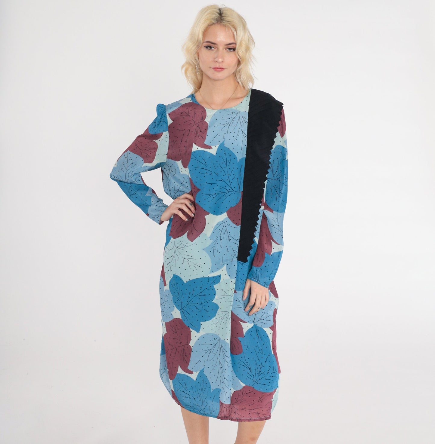 80s Leaf Polka Dot Midi Dress Long Sleeve Black Layered Shift Large L