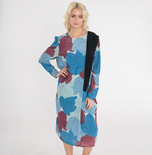 80s Leaf Polka Dot Midi Dress Long Sleeve Black Layered Shift Large L