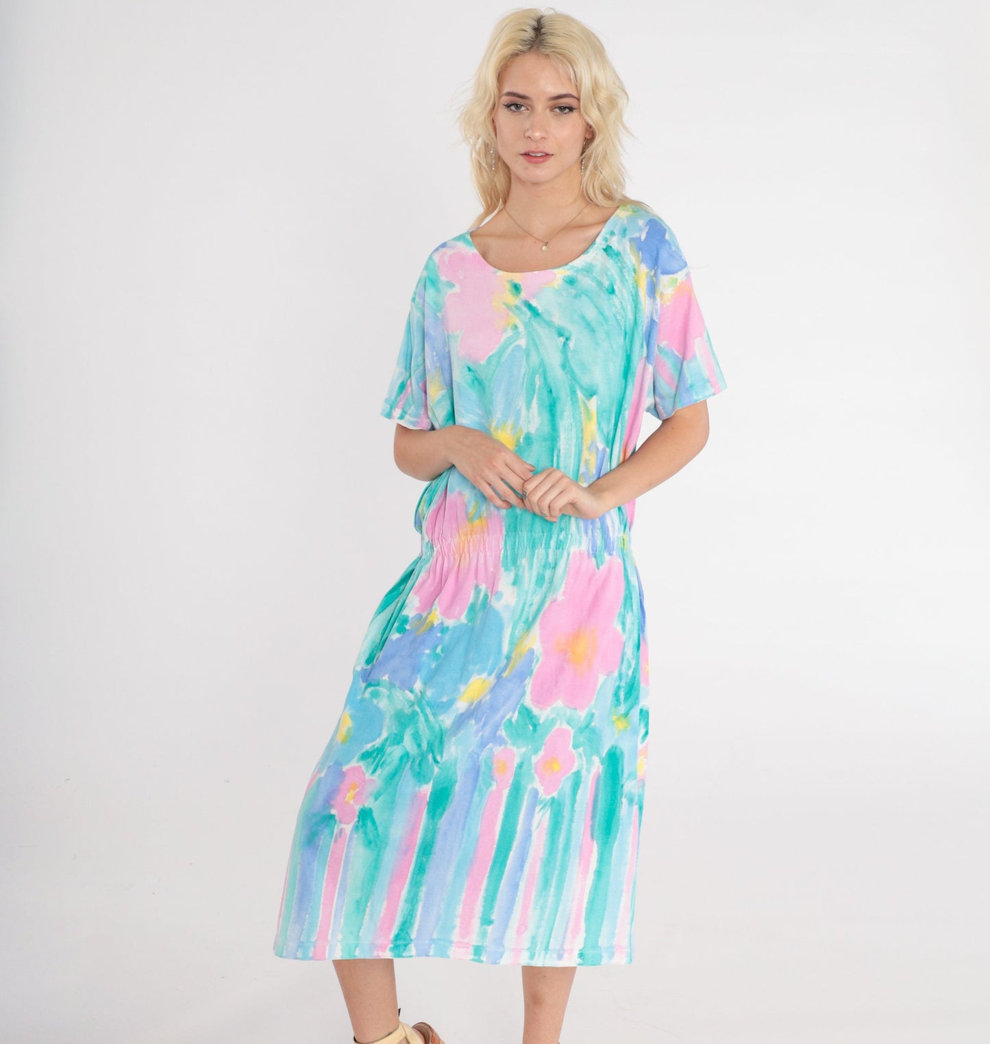90s Watercolor Floral Midi Dress High Waist Short Sleeve Pink Green Large