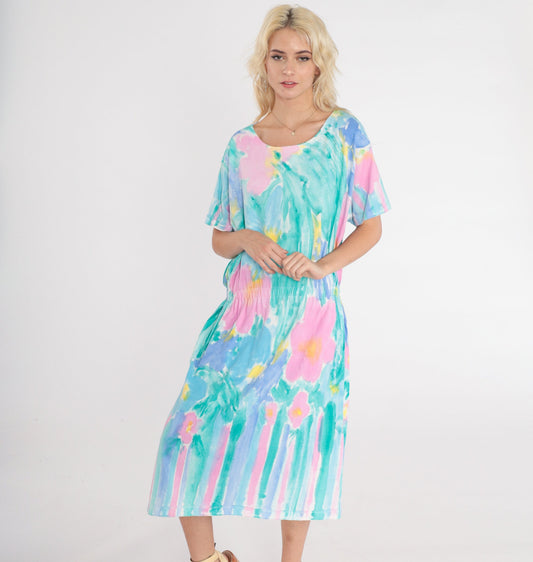 90s Watercolor Floral Midi Dress High Waist Short Sleeve Pink Green Large