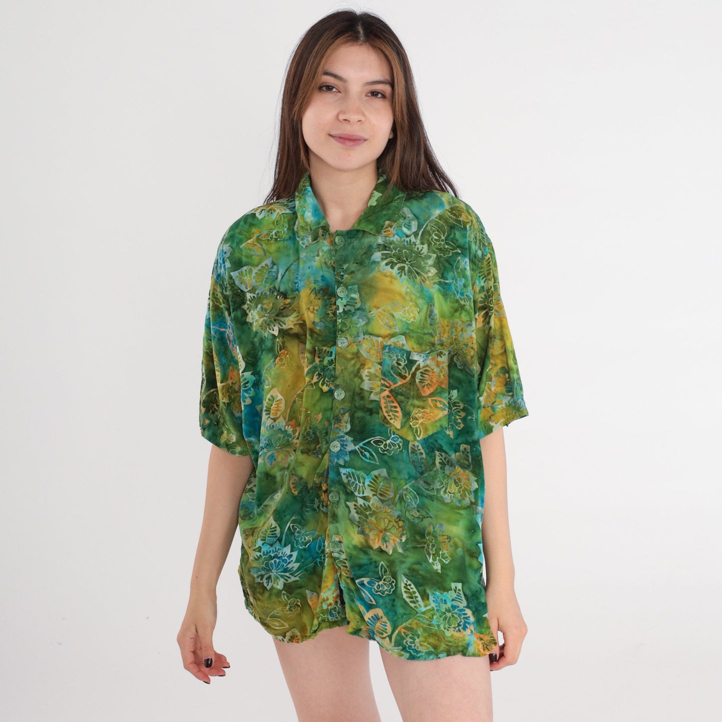 90s Tropical Floral Button Up Shirt Green Tie Dye Men's Large