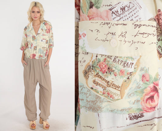 80s Jumpsuit Abstract Floral Rose Print High-Waisted Tapered Tan Medium Large