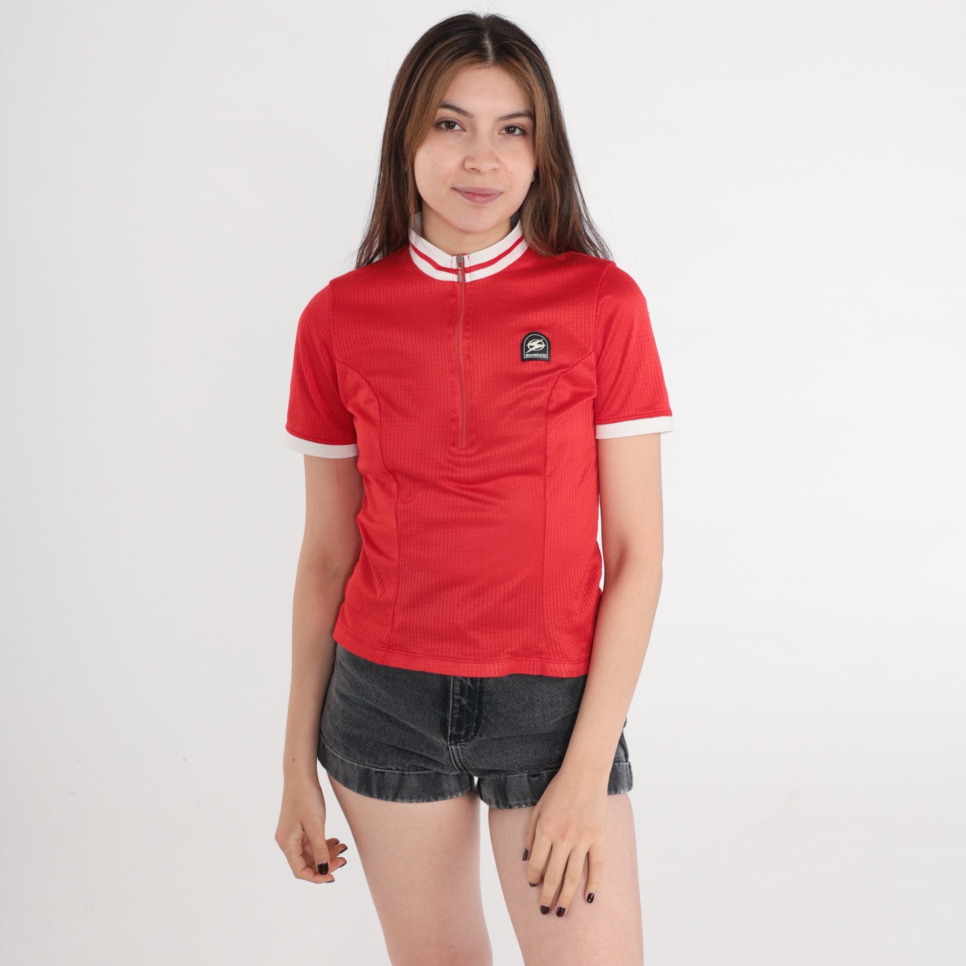 90s Sugoi Cycling Jersey Red Mesh Mock Neck Zip Pullover Small