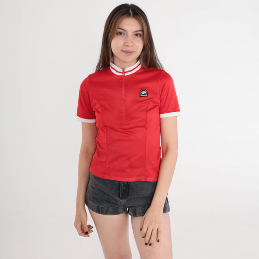 90s Sugoi Cycling Jersey Red Mesh Mock Neck Zip Pullover Small