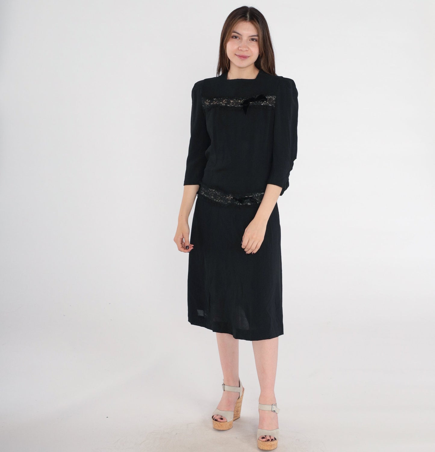 1950s Black Lace Trim Party Dress Shift Drop Waist Bow Tea Length Extra Small