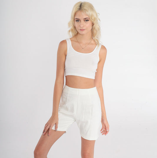 70s White Cotton High-Waist Bermuda Shorts Rear Zipper Extra Small