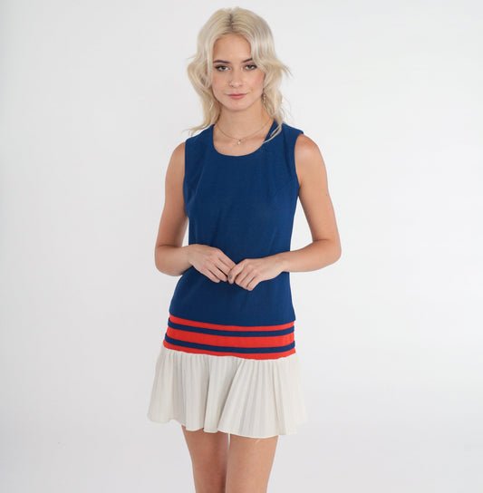 60s Candi Jones Mod Mini Dress Drop Waist Pleated Blue Red White XS