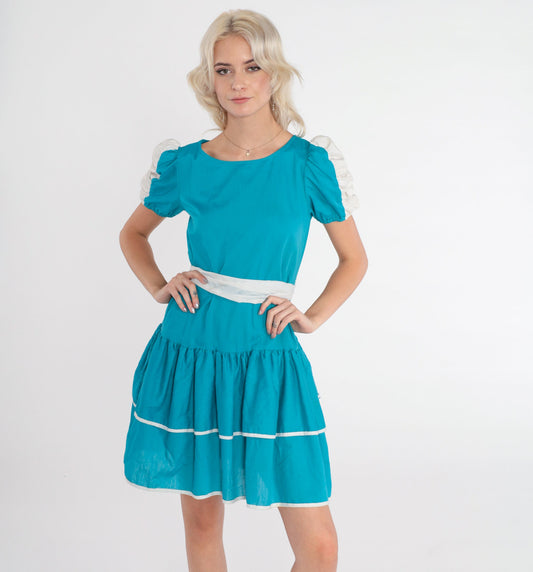 80s Blue Mini Dress Puff Sleeve Tiered Skirt High Waisted Extra Small