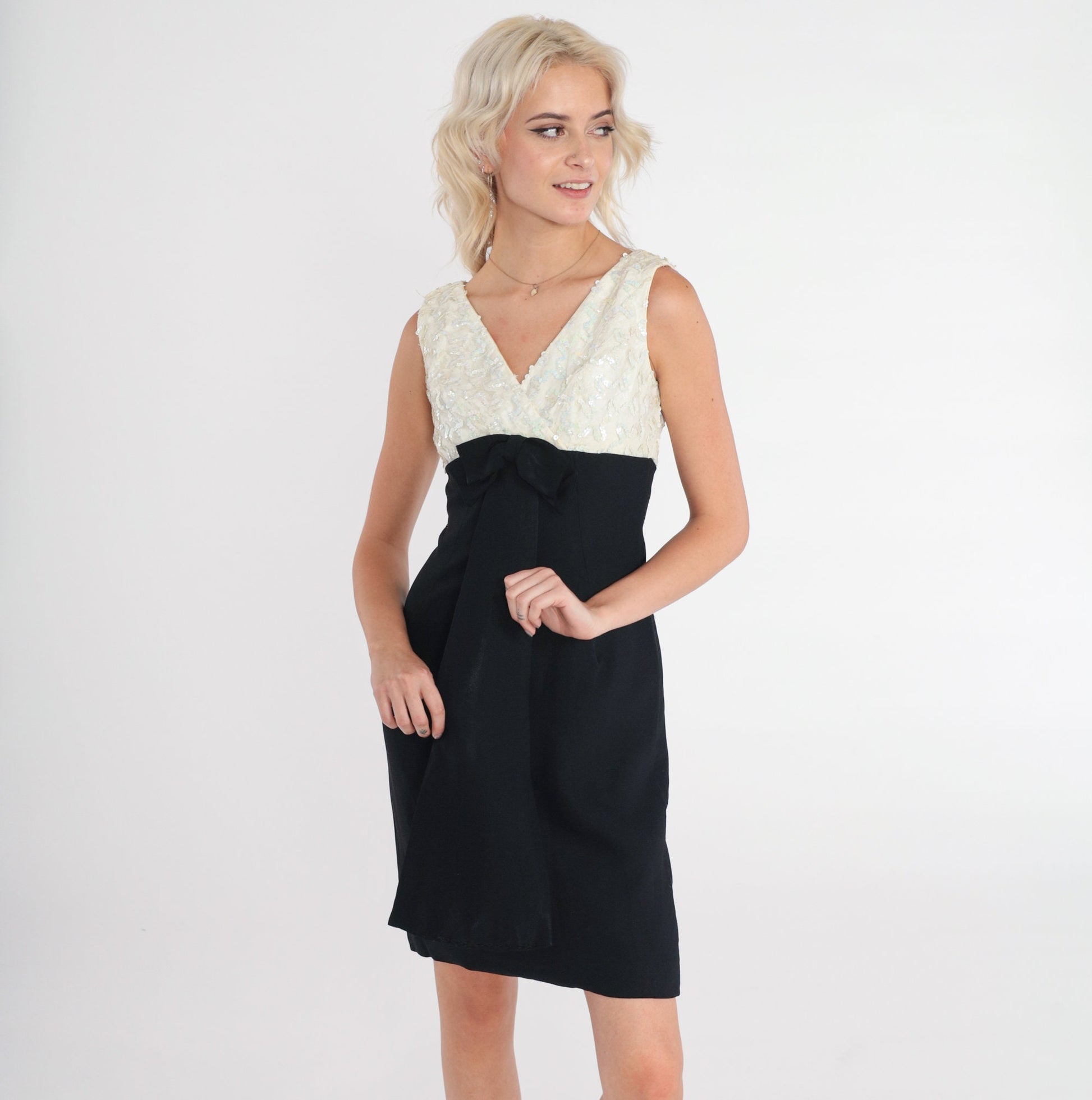 60s Sequin Bow Cocktail Dress Black Off-White Empire Waist Mini V-Neck Extra Small