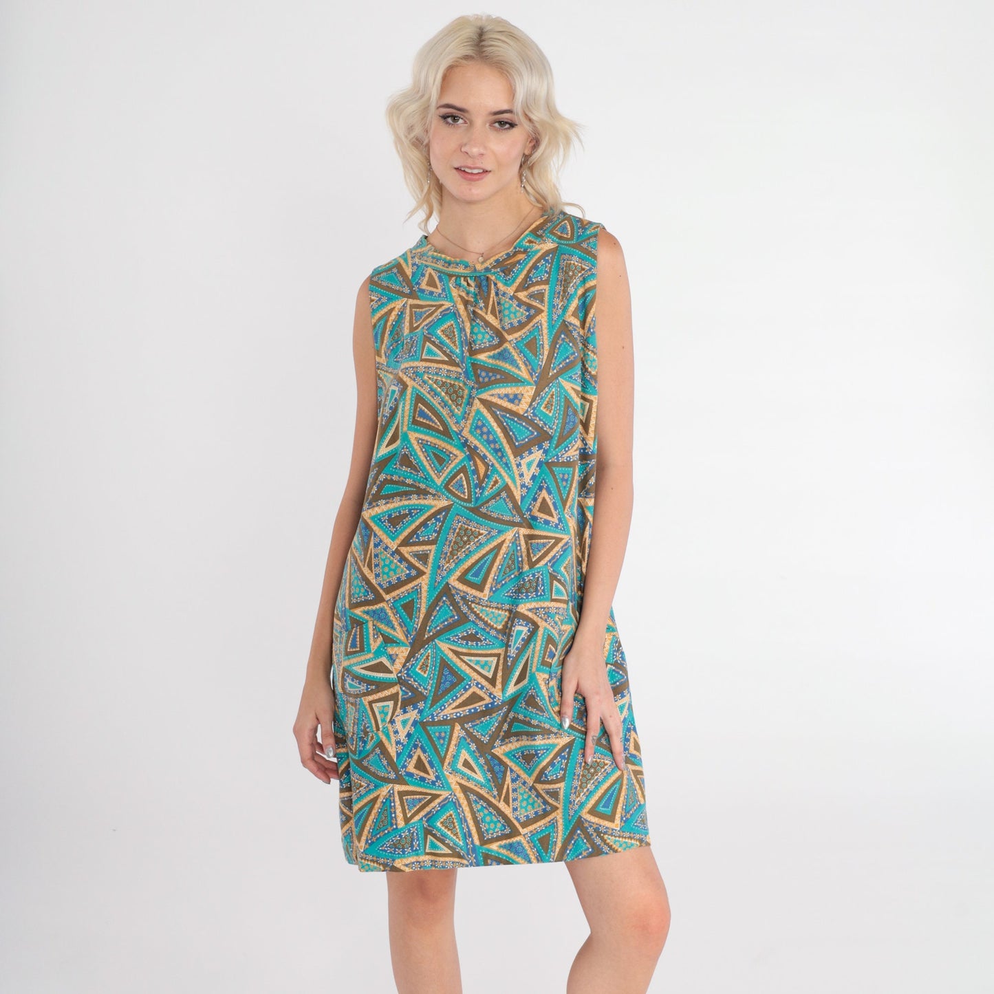 60s Mod Mini Shift Dress Abstract Floral Print Sleeveless Blue Medium M