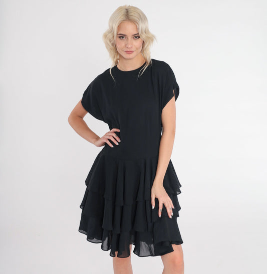 80s Jodi of California Black Mini Dress Ruffled Tiered Skirt Short Sleeve Small