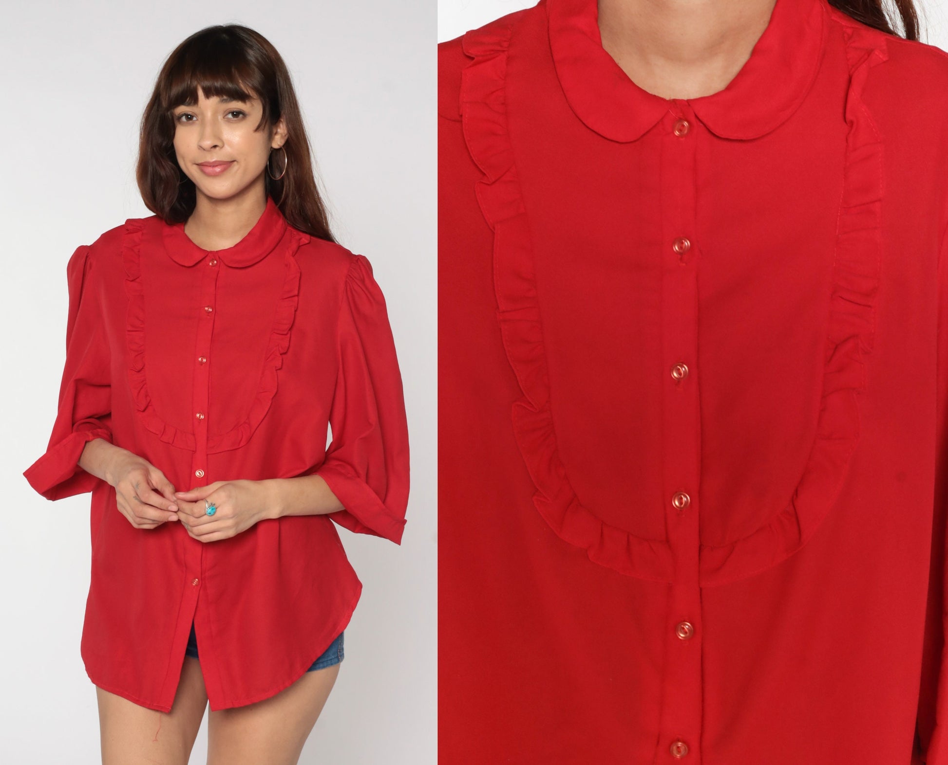 80s Red Ruffle Bib Blouse Peter Pan Collar Puff Sleeve Button Up Large