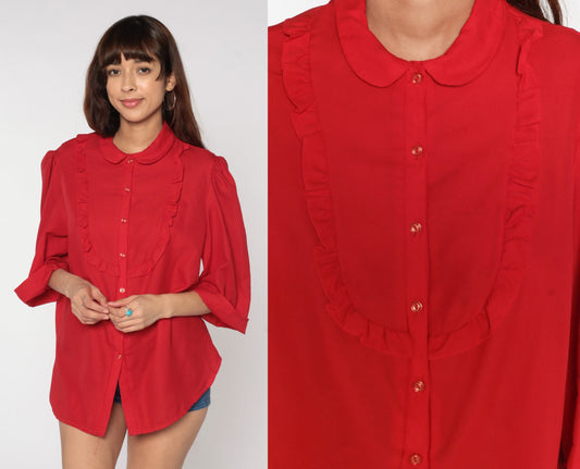 80s Red Ruffle Bib Blouse Peter Pan Collar Puff Sleeve Button Up Large