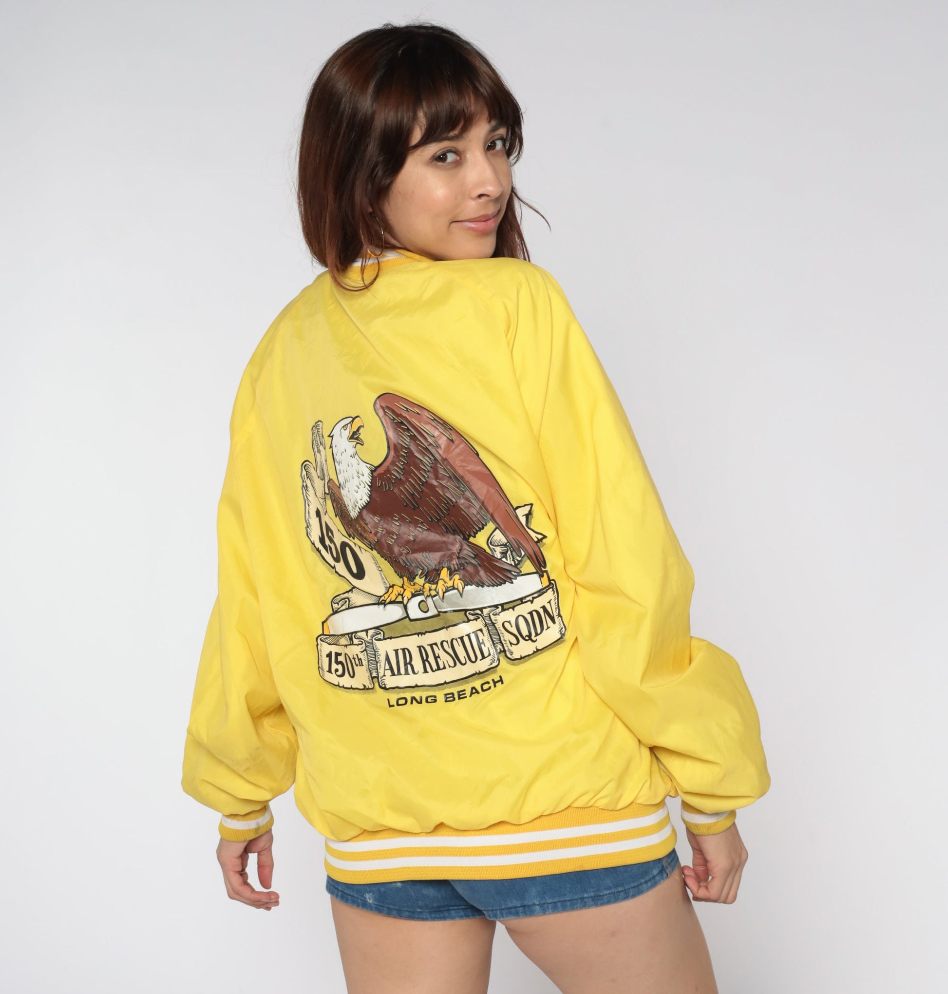 80s Air Rescue Squadron Long Beach Bomber Jacket Yellow Eagle Nylon Extra Large XL