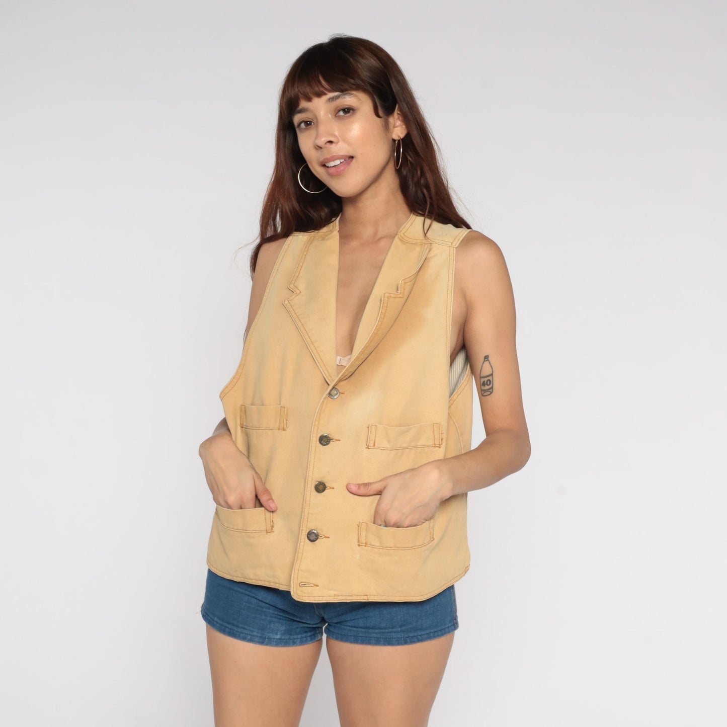 80s Tan Button-Up Vest Western Workwear Sleeveless Small