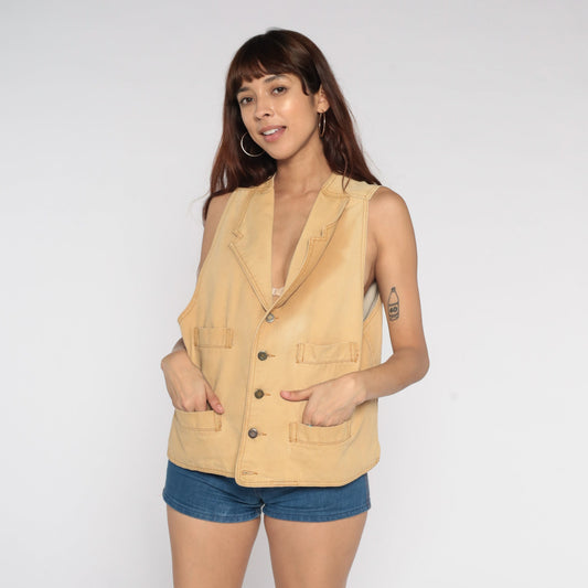 80s Tan Button-Up Vest Western Workwear Sleeveless Small
