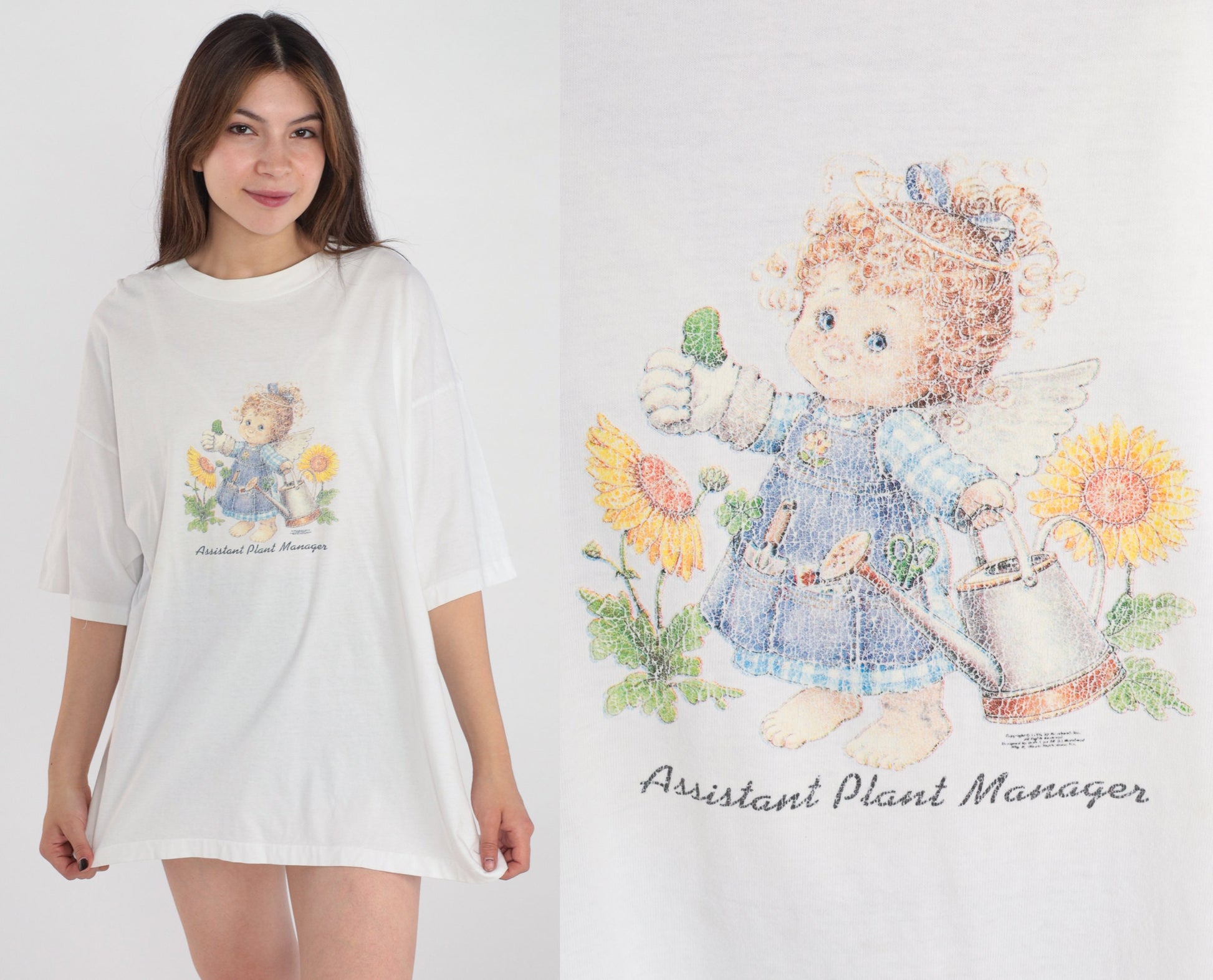 Y2K Assistant Plant Manager Gardening Angel Graphic Tee White Cotton Extra Large XXL